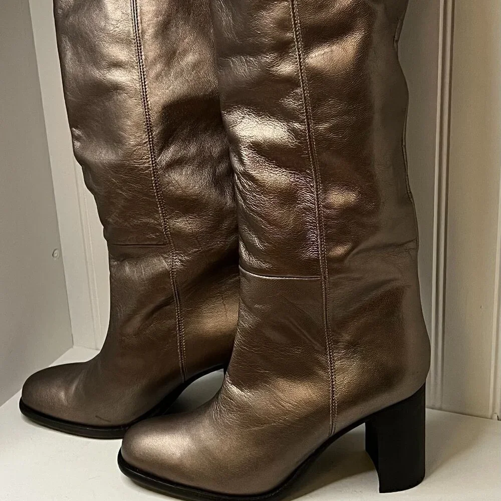 Free People Grayson Women's Leather Knee High Boots with Block Heel in Bronze 39